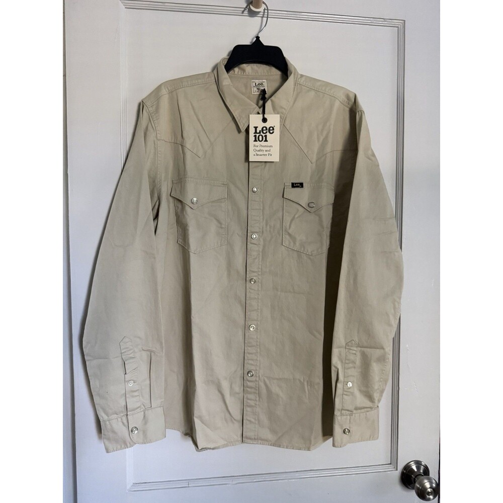 Lee 101 Westerner Western Shirt Mens XL Beige Khaki 100% Cotton Long Sleeve NWT